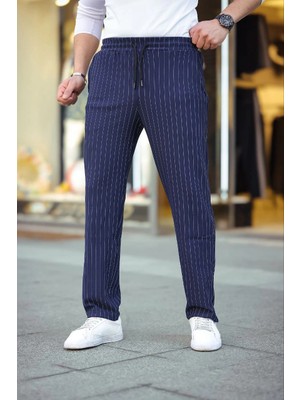 MidasTech Cizgili Dokuma Krep Jogger Buggy Pantalon Rahat Kalıp - Lacivert