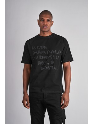 Ex-pent Erkek Reglan Kol Regular Kalıp Yazı Baskılı Pamuklu Siyah T-Shirt