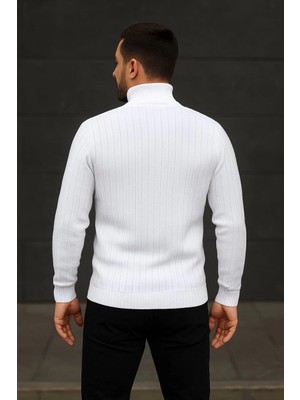 MidasTech Balıkcı Yaka Bağazlı Triko Kazak Pamuklu- Beyaz