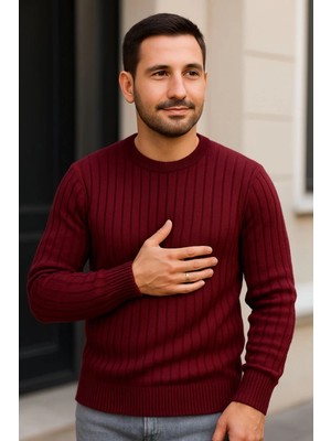 Beta Moda Hub Bisiklet Yuvarlak Yaka Triko Kazak Pamuklu Kalın Fitilli Dokuma, Regular Fit Uzun Kollu Kışlık M