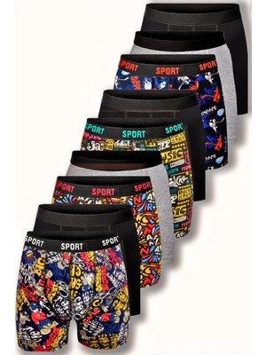 Deean Desenli Düz Karışık Erkek 9'lu Paket Pamuklu Boxer