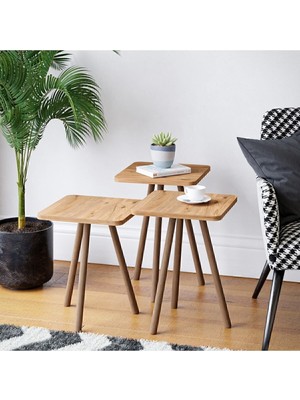 İntergo Üçlü Zigon Sehpa Ahşap Ayaklı Kare Tasarım Çam Desenli