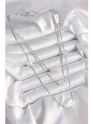 Pirinç Gümüş Renk Ezme Inci Model Çoklu Kadın Kolye - Lisinya