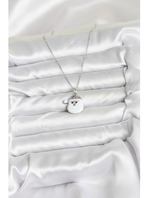 316L Çelik Zincir Gümüş Renk Şapkalı Kardan Adam Kafası Model Yılbaşı Temalı Kadın Kolye - Lisinya