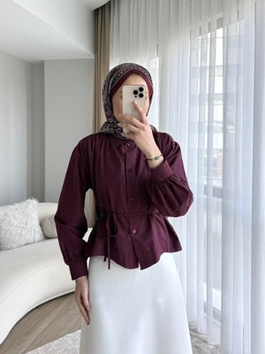 RFK Butik Kadın Omuzu Pileli Etek Üstü Oversize Kısa Gömlek - Bordo