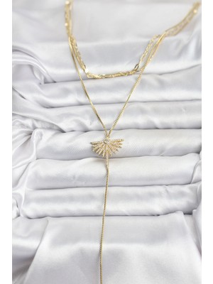 isiltikidsmoda Pirinç Gold Renk Zirkon Taşlı Yelpaze Model Detaylı 3'lü Kombin Y Kadın Kolye - Lisinya