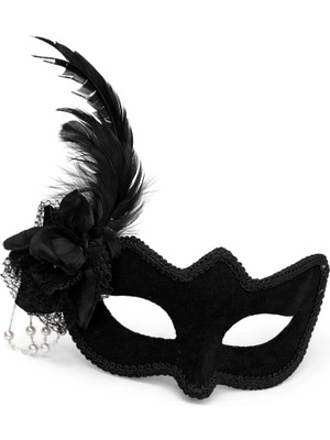 isiltikidsmoda Beyaz Inci Detaylı Siyah Süet Venedik Kadın Maskesi Tüylü Güllü - Lisinya