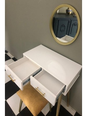 Feyza Design Beyaz Mdf 2 Çekmeceli Dresuar, 40 cm Gold Yuvarlak Ayna ve Kumsa Tabure