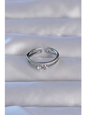 isiltikidsmoda Pirinç Gümüş Renk Zirkon Taşlı Kalpli Su Yolu Model Ayarlanabilir Yüzük - Lisinya