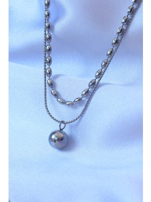 isiltikidsmoda 316L Çelik Çift Zincirli Gümüş Renk Topçuk Model Kolye - Lisinya