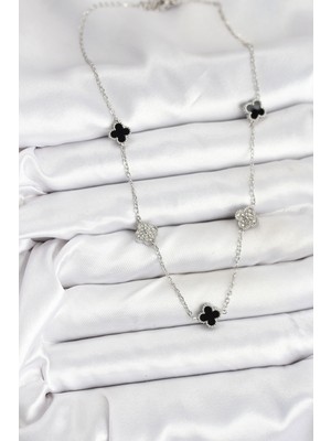 isiltikidsmoda 316L Çelik Zincir Gümüş Renk Siyah ve Zirkon Taşlı Baby Boy Yonca Kadın Kolye - Lisinya