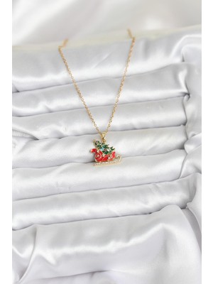 isiltikidsmoda 316L Çelik Zincir Gold Renk Kızak ve Çam Ağacı Figürlü Yılbaşı Temalı Kadın Kolye - Lisinya