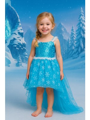 Parti Kırtasiye Karlar Ülkesi Frozen Elsa Tarlatanlı Kostüm Mavi Kız Çocuk Elbise Taç Asa Hediye Uzun Kol
