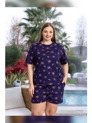 Aydoğan Kadın Lara Büyük Beden Şortlu Cotton Lacivert Pijama Takım 0152