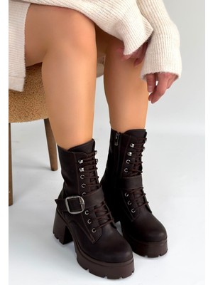 isiltikidsmoda Linma Acı Kahve Cilt Bağcıklı Topuklu Bot - Lisinya