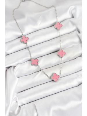 316L Çelik Zincir Gümüş Pembe Renk Yonca Kadın Kolye - Lisinya