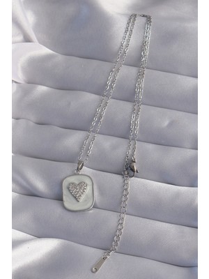 isiltikidsmoda 316L Çelik Zincir Mermer Desenli Gümüş Renk Zirkon Taşlı Kalp Model Kolye - Lisinya