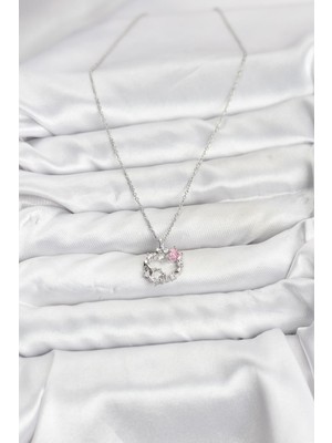 isiltikidsmoda 316L Çelik Zincir Gümüş Renk Pembe Taş Detaylı Çelenk Model Kadın Kolye - Lisinya