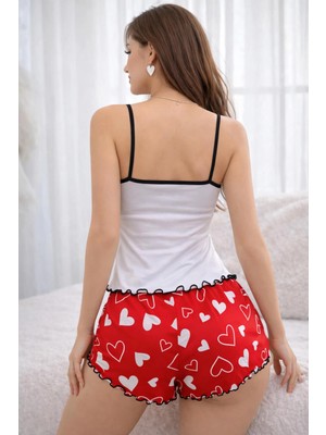 isiltikidsmoda Renkli Kalp Desenli Askılı Şortlu Kadın Pijama Takımı
