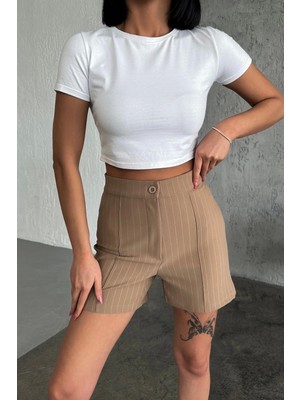 isiltikidsmoda Zarif ve Şıklığı Bir Arada Sunan Yüksek Bel Krep Esnek Çimalı Çizgili Şort Bej ( Lisinya )