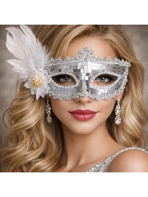 isiltikidsmoda Gümüş Tüylü Payetli Lüks Taşlı Parti Maskesi - Lisinya