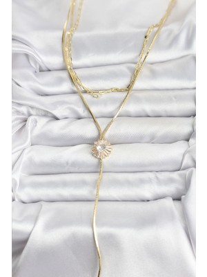 isiltikidsmoda Pirinç Gold Renk Zirkon Taşlı Papatya Model Detaylı 3'lü Kombin Y Kadın Kolye - Lisinya