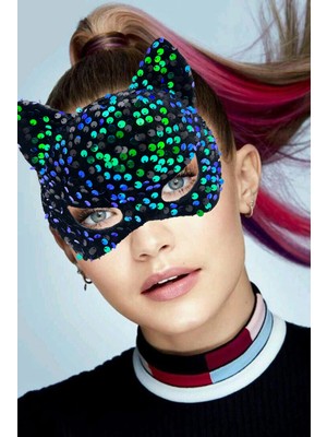 isiltikidsmoda Siyah Kadife Kumaş Üzerine Mavi Yeşil Payetli Pullu Parti Maskesi 16X14 cm - Lisinya