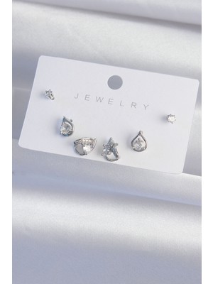 isiltikidsmoda Pirinç Gümüş Renk Zirkon Taşlı Damla Model Küpe Seti - Lisinya