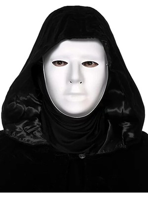 Siyah Kapüşonlu 120 cm Pelerin ve Beyaz Boyanabilir Tam Yüz Maske