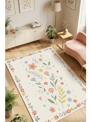 The Reef Design Pembe Çiçek Desenli Salon Halısı Kaymaz Dijital Baskılı Floral Yatak Odası Halısı