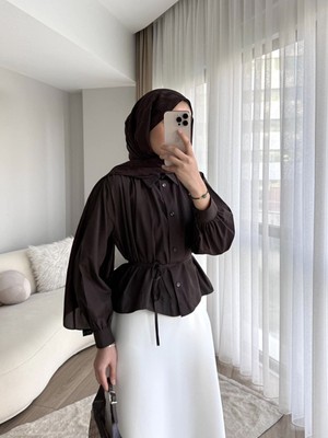 RFK Butik Kadın Omuzu Pileli Etek Üstü Oversize Kısa Gömlek - Acı Kahverengi