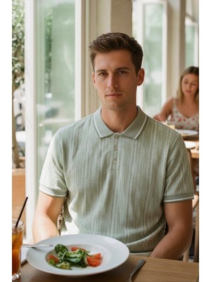 Nakşi Giyim Erkek Polo Yaka Dikey Dokulu Örme Melanj Efektli Yazlık Tişört