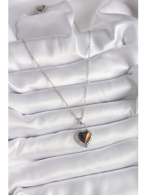 isiltikidsmoda 316L Çelik Gümüş Renk Zincir Kilit Kalp Kehribar Boncuk Model Kadın Kolye - Lisinya