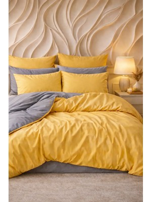 More Home  Çift Kişilik Yorgan Kılıfı + Yastık Kılıfı  (Çarşafsız) Sarı-Antrasit