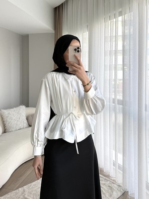 RFK Butik Kadın Omuzu Pileli Etek Üstü Oversize Kısa Gömlek - Beyaz