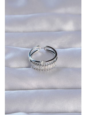 isiltikidsmoda Pirinç Gümüş Renk Zirkon Taşlı Baget Su Yolu Model Ayarlanabilir Yüzük - Lisinya