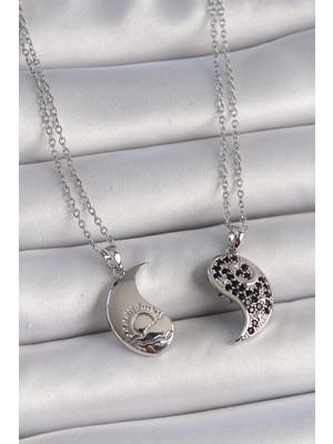 isiltikidsmoda 316L Çelik Gümüş Renk Zincir Zirkon Taşlı Ying Yang Model Gün Batımı Işlemeli Arakdaşlık Kadın Kolye - Lisinya