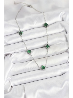 316L Çelik Zincir Gümüş Renk Yeşil Baby Boy Yonca Kadın Kolye - Lisinya