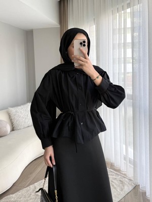 RFK Butik Kadın Omuzu Pileli Etek Üstü Oversize Kısa Gömlek - Siyah