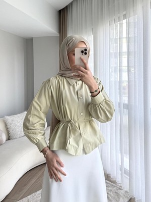 RFK Butik Kadın Omuzu Pileli Etek Üstü Oversize Kısa Gömlek - Açık Yeşil