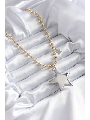 isiltikidsmoda Pirinç Gold Renk Topçuk Zincir Gümüş 3D Yıldız Model Yıldız Detay Vip Kadın Kolye - Lisinya