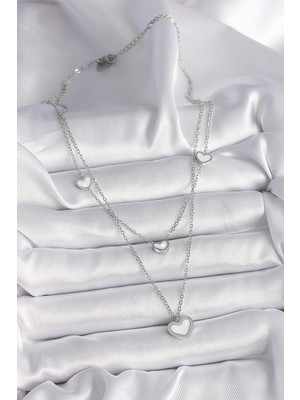 isiltikidsmoda 316L Çelik Gümüş Renk Zincir 2'li Zincir Kalp Model Kadın Kolye - Lisinya