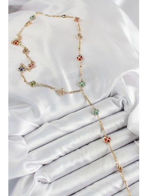 isiltikidsmoda Pirinç Asorti Kalpli Yonca Model Gold Renk Zirkon Taşlı Y Kolye - Lisinya