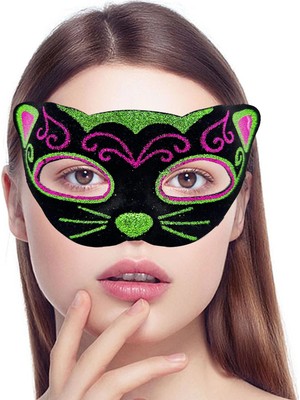 isiltikidsmoda Siyah Kadife Kaplama Üzeri Pembe Yeşil Sim Işlemeli Kedi Maskesi 20X13 cm - Lisinya
