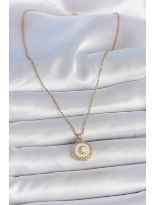 316L Çelik Gold Renk Zincir Beyaz Mineli Hilal Işlemeli Madalyon Model Kadın Kolye