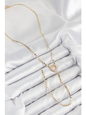 Pirinç Zirkon Taşlı Ezme Zincirli Kalp Model Gold Renk Y Kolye