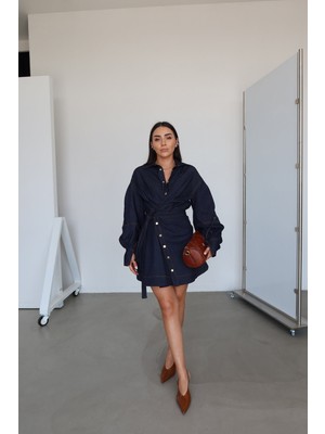 Özge Özgenç Balon Kol Kontrast Dikişli Denim Elbise