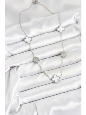 316L Çelik Zincir Gümüş Renk Beyaz ve Zirkon Taşlı Yonca Kadın Kolye