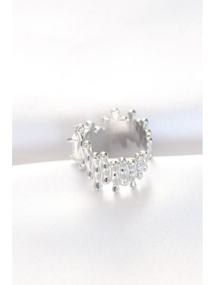 isiltikidsmoda Silver Renk Tırtıklı Kalın Baget Taş Tasarım Ayarlanabilir Yüzük - Lisinya