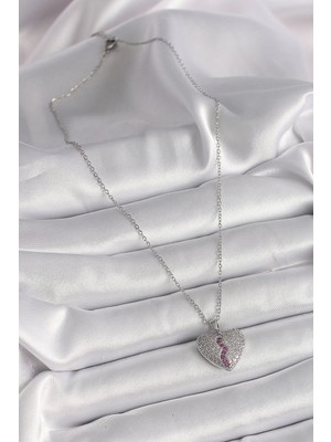 316L Çelik Gümüş Renk Zincir Zirkon Taşlı Kalp Model Kadın Kolye